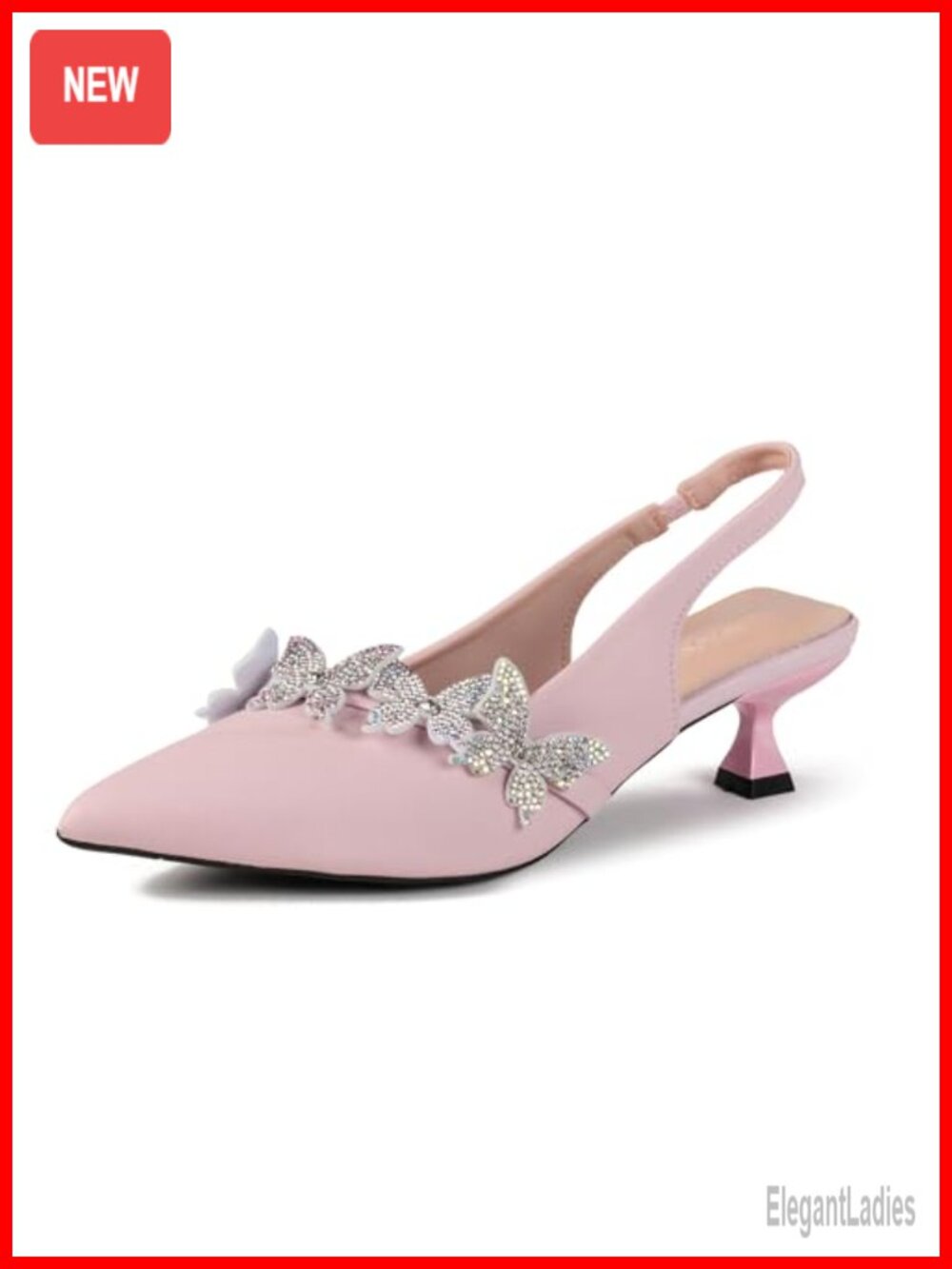 Rhinestone Butterfly Slingback Kitten Heels Pointed Toe Formal Dress Shoes